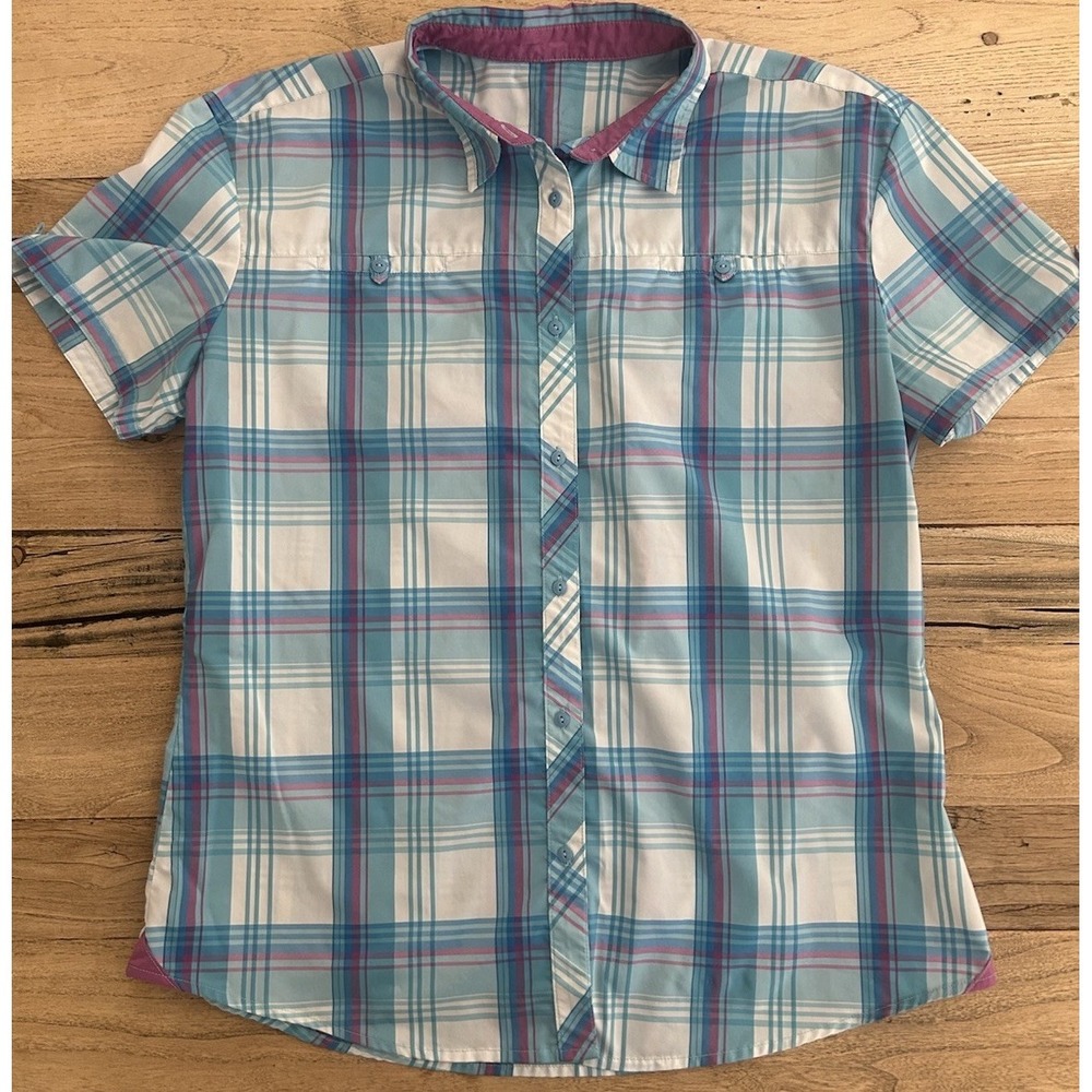 Kuhl Womens Blue Purple Plaid Short Sleeve Button Down Hiking Shirt